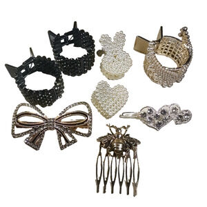 Hair Barrette Pony Tail Holders Lot Of 8 Rhinestone. Faux Pearls